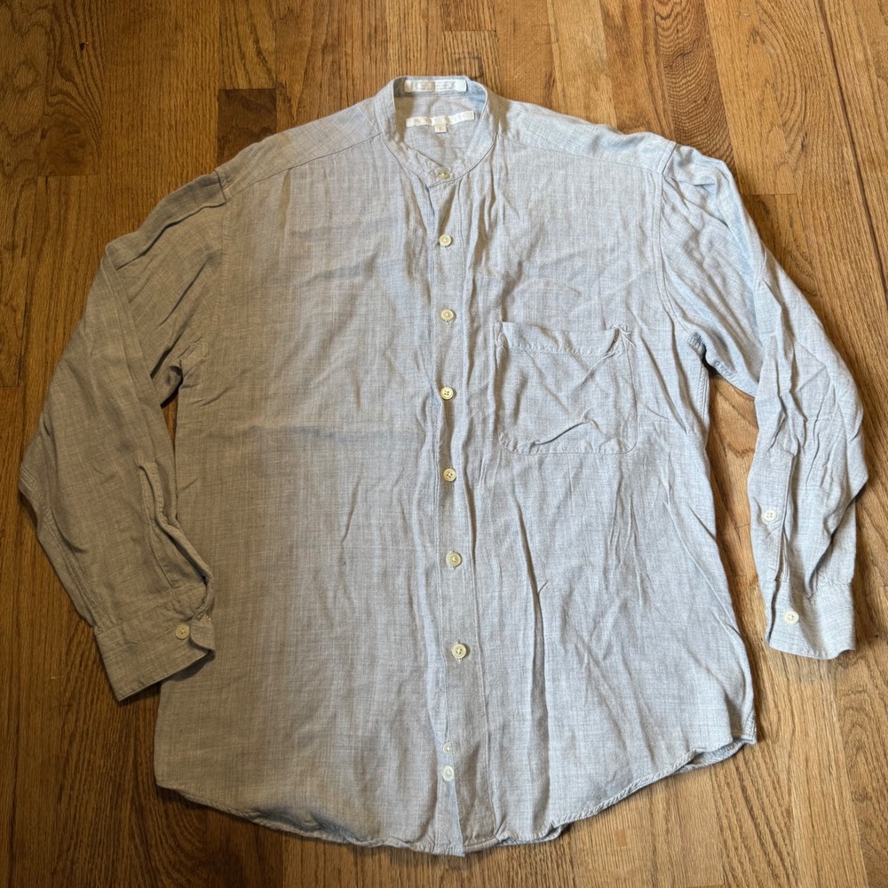 Perry Ellis Mens Gray Band Collar Rayon Button Down Shirt Long Sleeve Size S